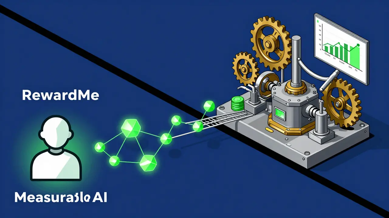 Geometric illustration of RewardMe app feeding data to AI analytics machine