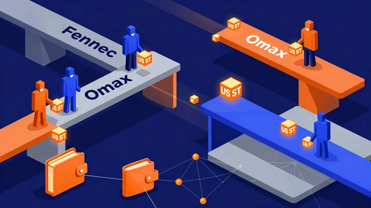 Geometric illustration of users bridging assets across blockchain networks