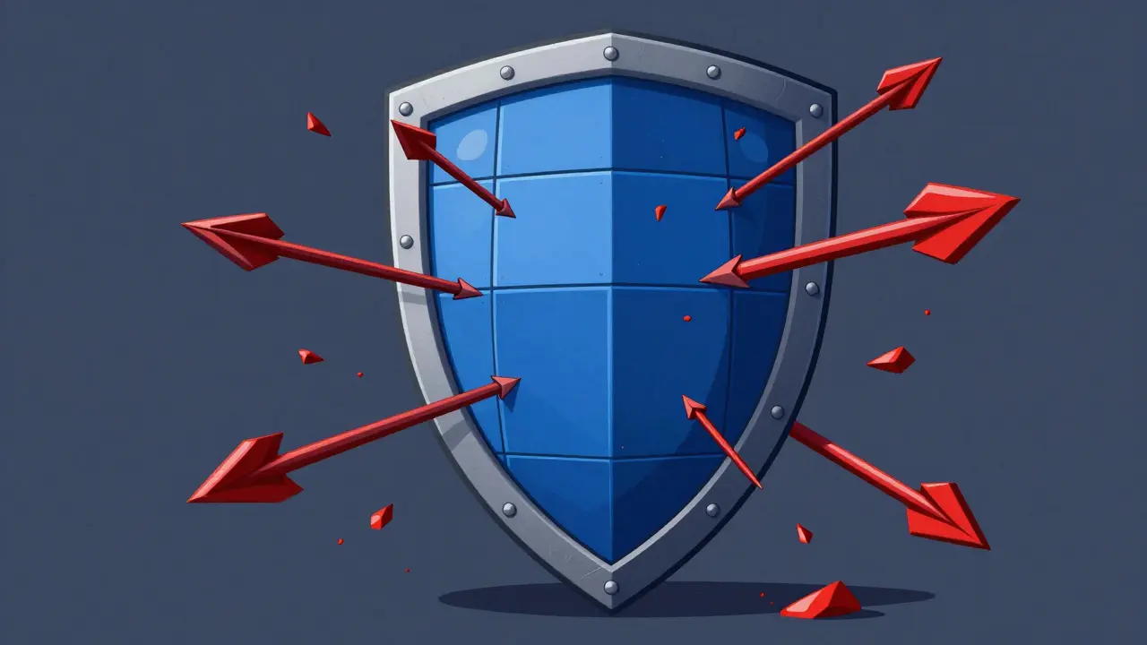 Geometric shield deflecting chaotic attack arrows