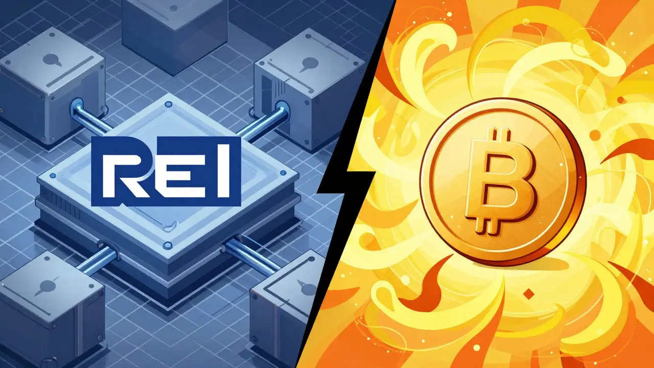 Graphic illustration contrasting REI Network L1 infrastructure with Base token