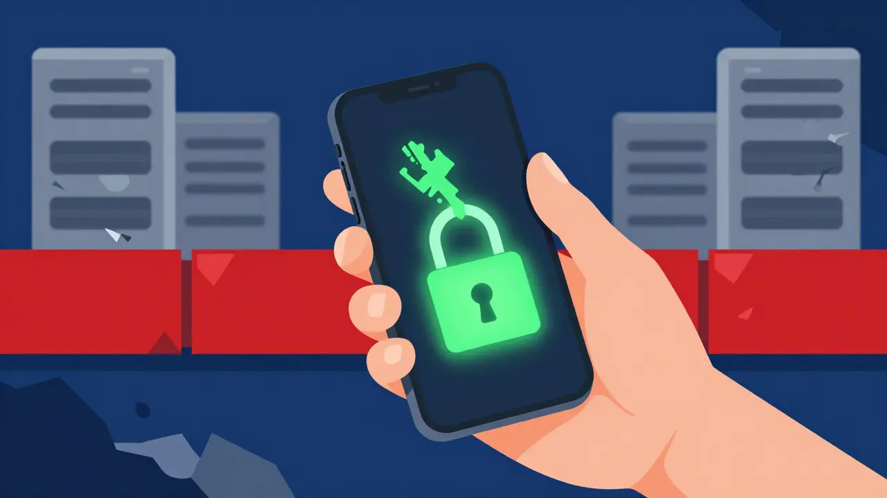 Illustration of a hand holding a phone with secure digital keys emerging from it