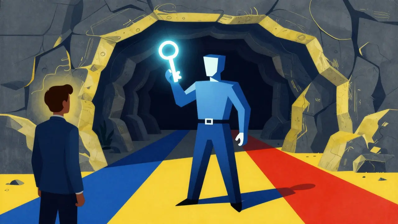 Illustration of zero-knowledge proof concept with cave and hidden key.
