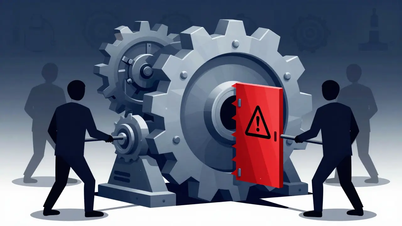 Industrial gears with hidden traps representing smart contracts