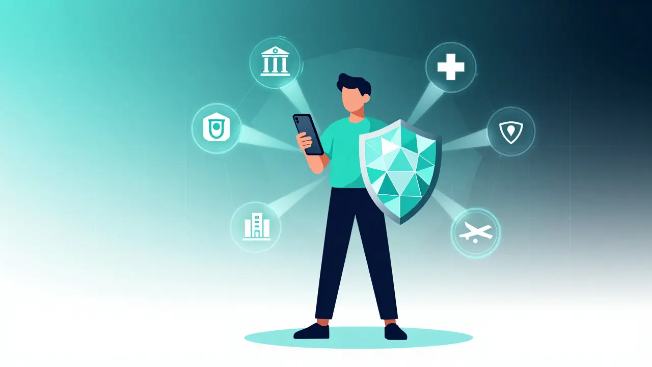 Person holding digital wallet connecting securely to services via light beams.