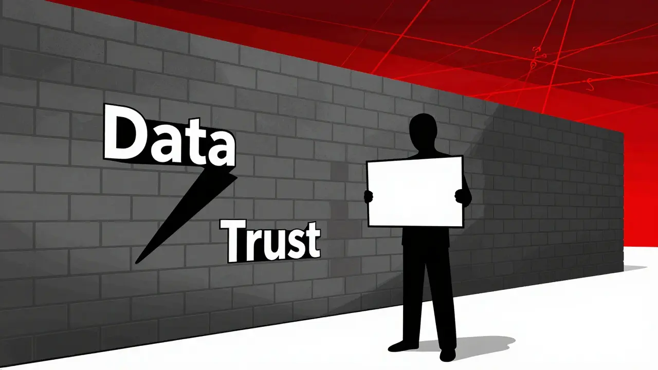 Shadowy figure behind wall of missing data, constructivist warning illustration