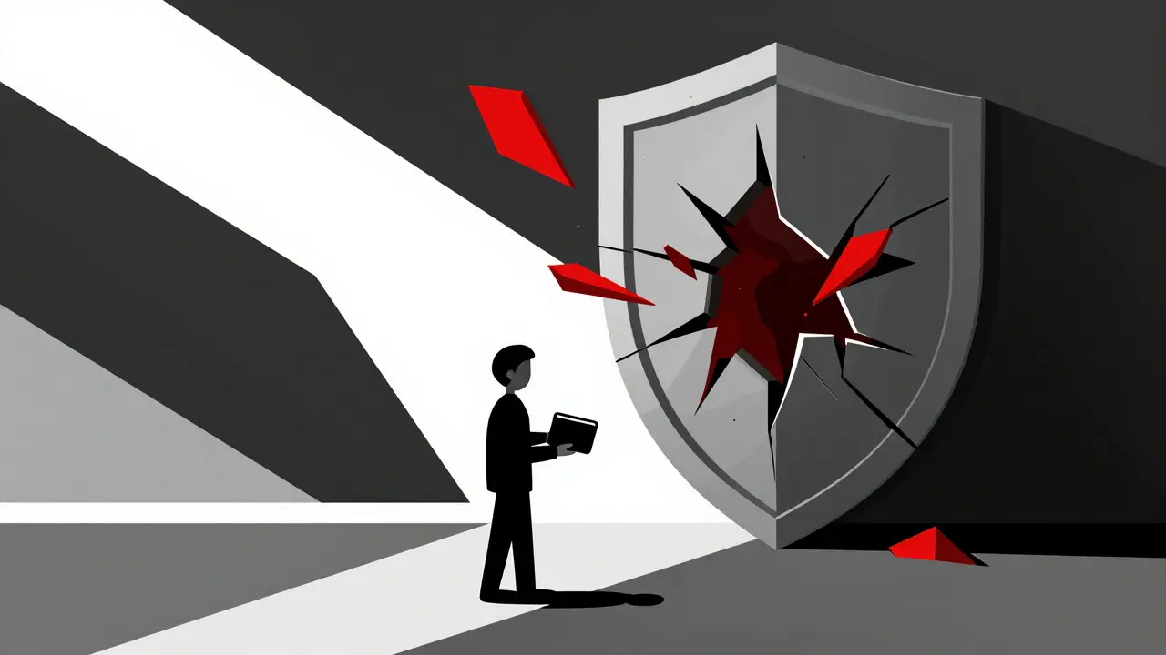 Stylized constructivist art showing trapped funds and data breach with crushing blocks and cracks.