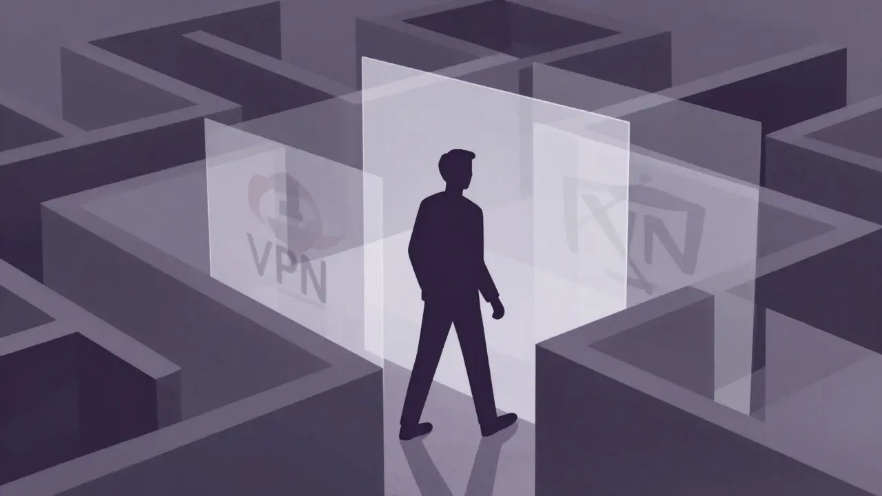 Stylized figure navigating a gray zone maze to bypass crypto bans