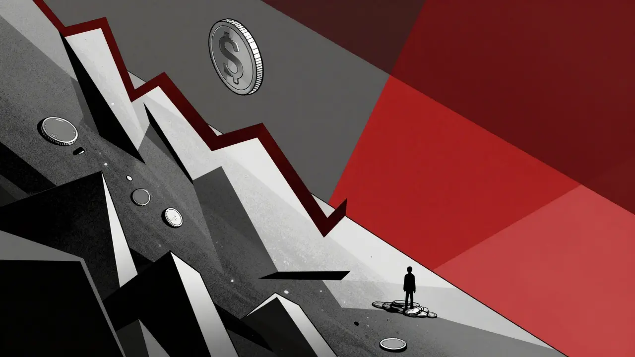 Stylized graphic showing steep crypto price drop and high market risk