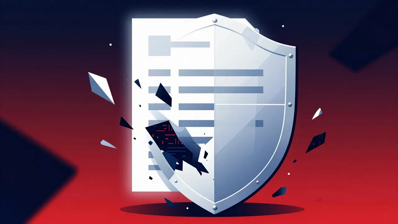 Stylized shield blocking chaotic data shards to protect a clean document.