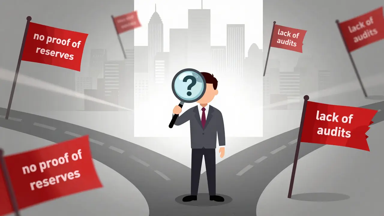 Stylized trader examining red flags and uncertainties in crypto trading