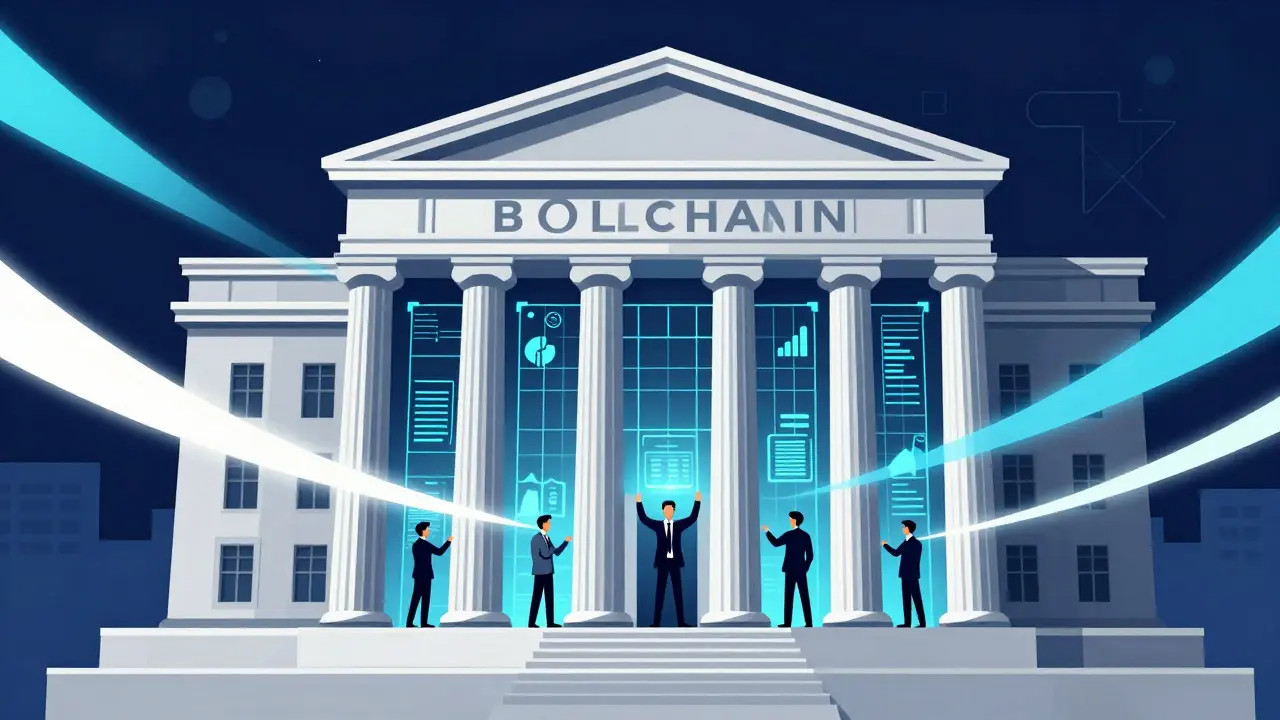 Traditional bank merging with digital grid structures in constructivist style.