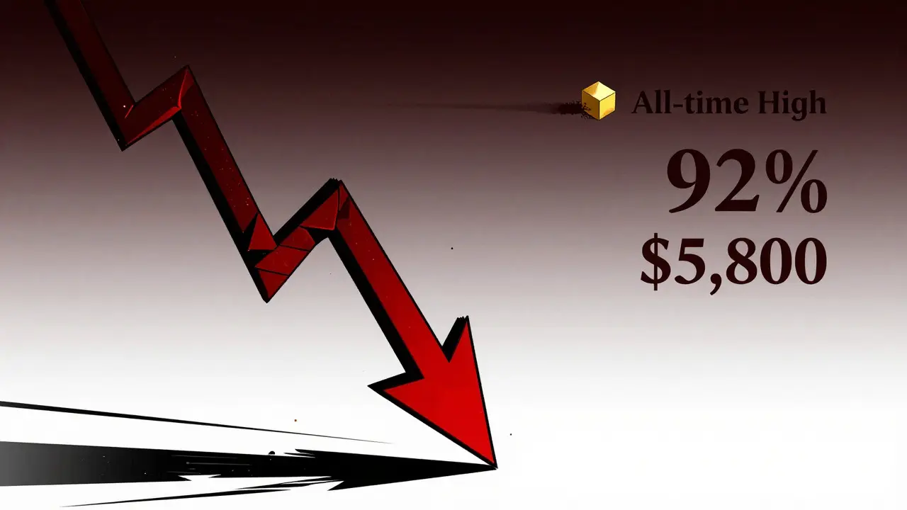 Abstract art depicting a steep financial decline and low trading volume using red and black geometric shapes.