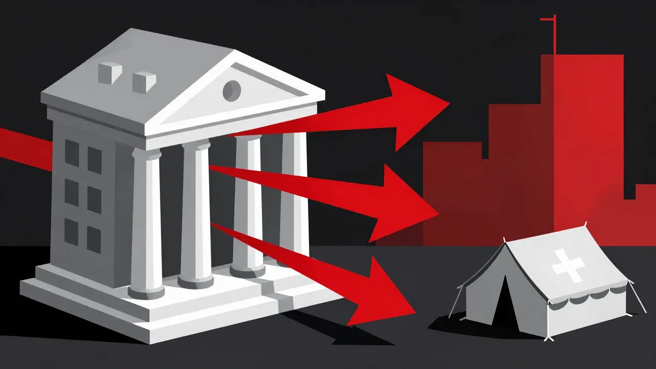 Abstract constructivist art comparing slow banks to fast blockchain aid delivery.