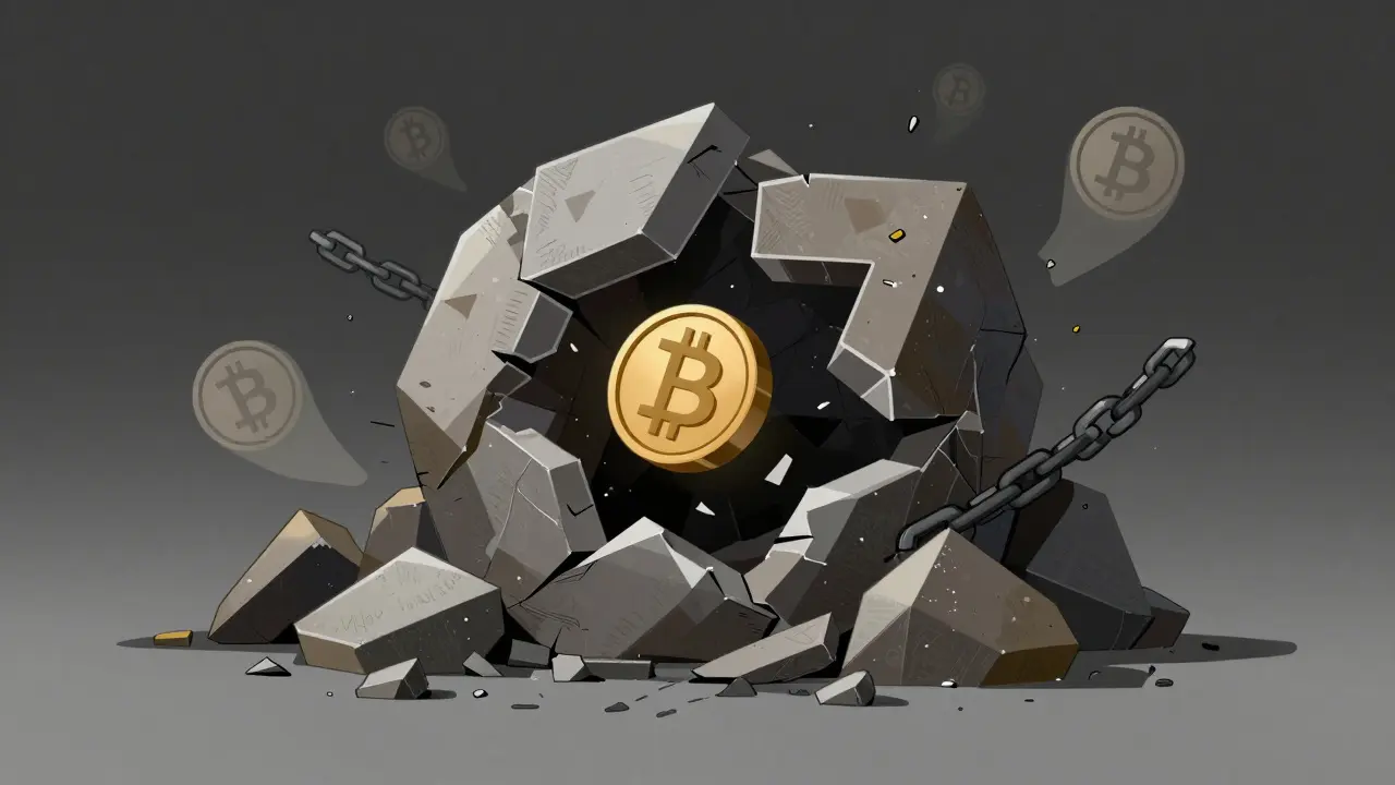 Abstract constructivist art showing a crumbling, abandoned crypto structure