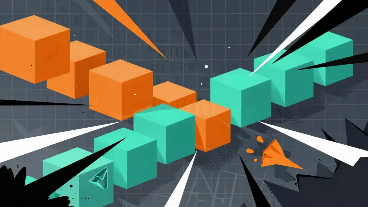 Abstract constructivist art showing fragmented blocks symbolizing confusing crypto token supply data.