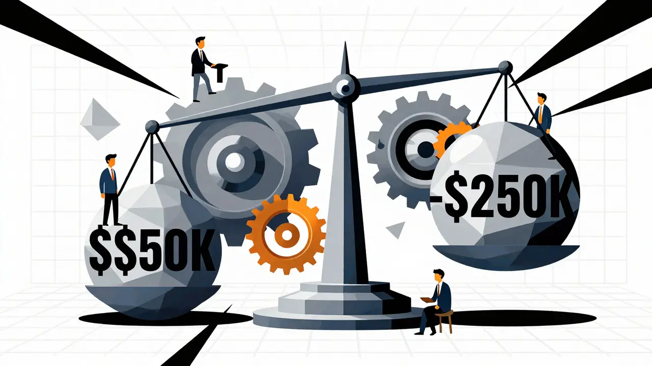 Abstract constructivist illustration of legal teams and costs balancing against tax savings.
