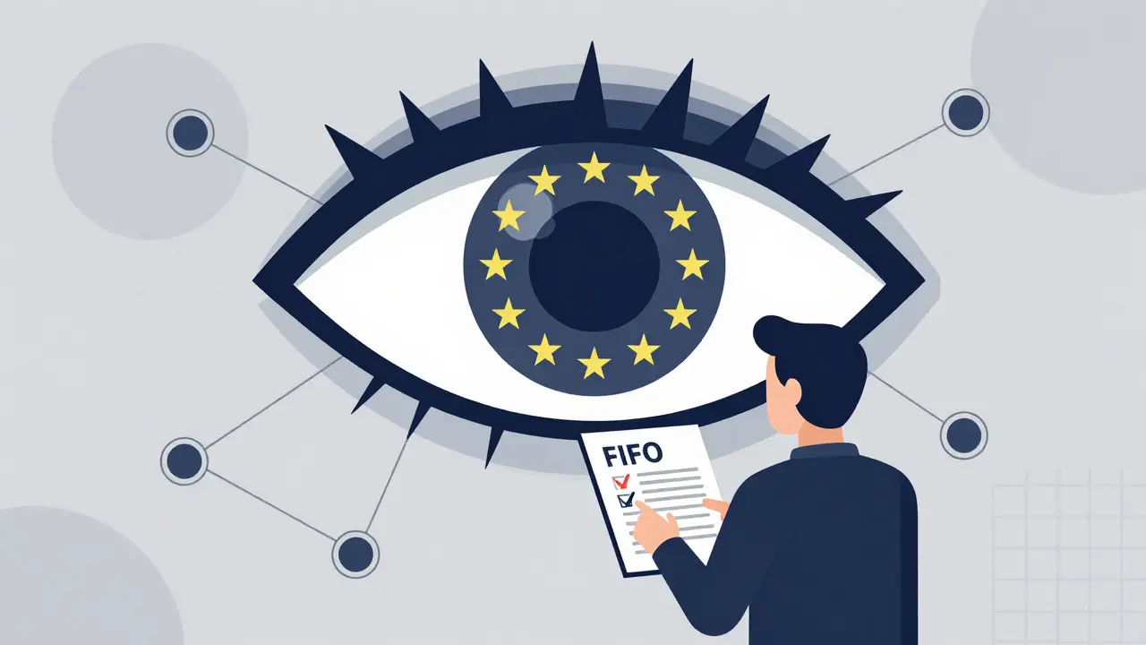 Abstract eye watching blockchain nodes, symbolizing future crypto compliance