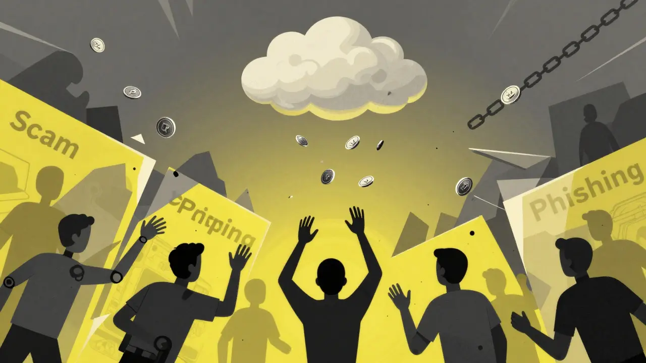 Abstract figures reaching for tokens blocked by jagged scam barriers