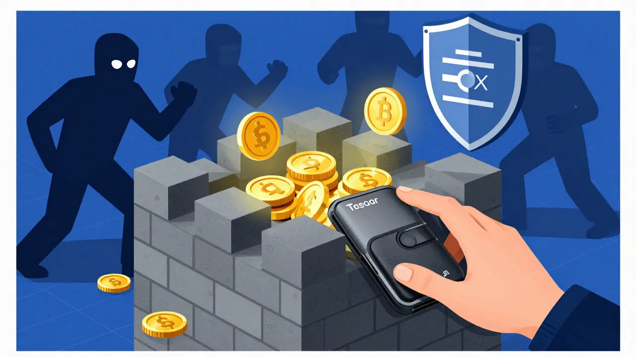 Cartoon depiction of hardware wallets securing crypto assets against hackers