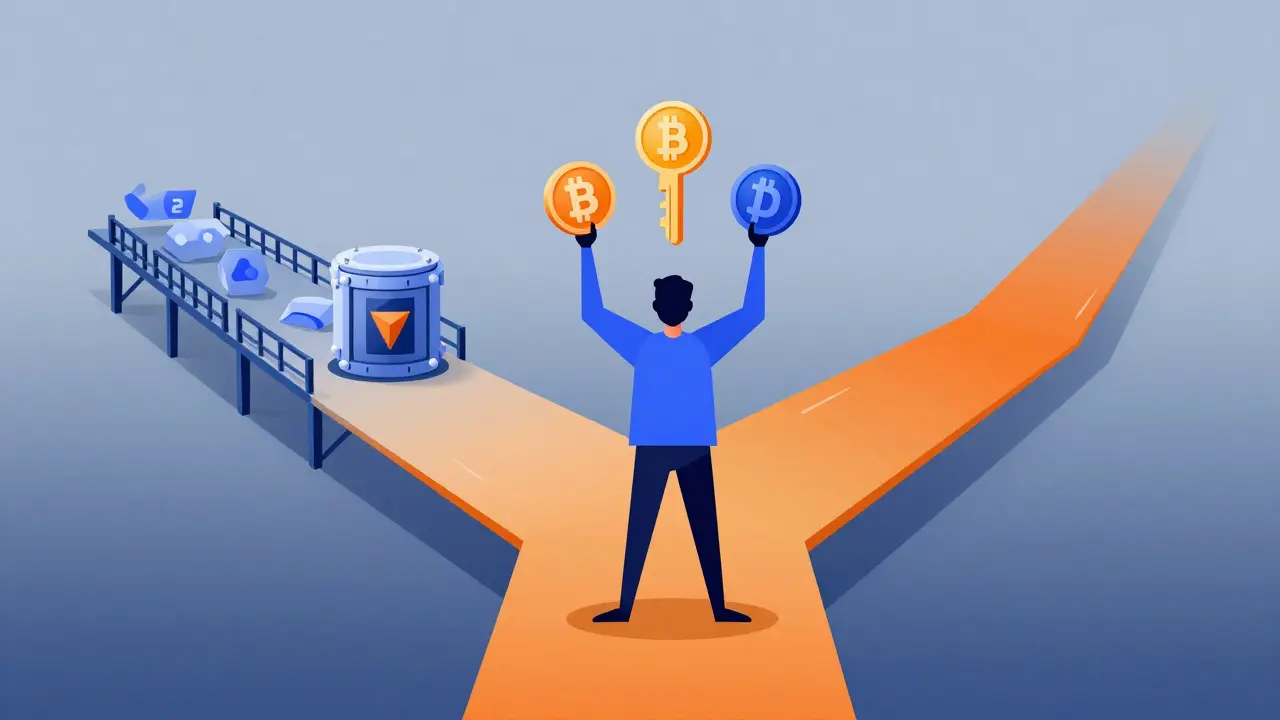 Constructivist art of a user choosing between verified crypto paths