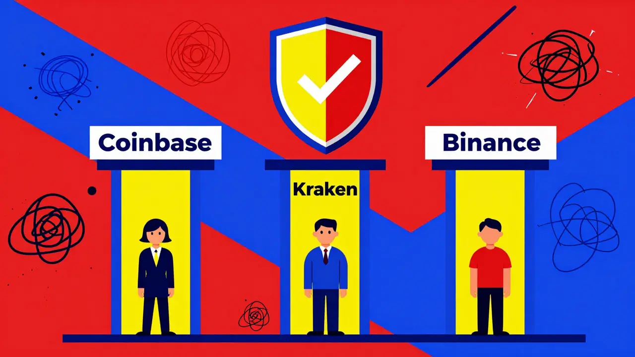 Constructivist art showing safe alternatives: Coinbase, Kraken, Binance