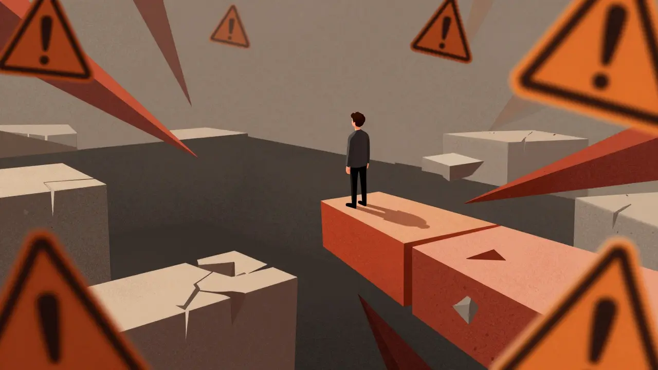 Constructivist style image of a figure on unstable blocks representing risk