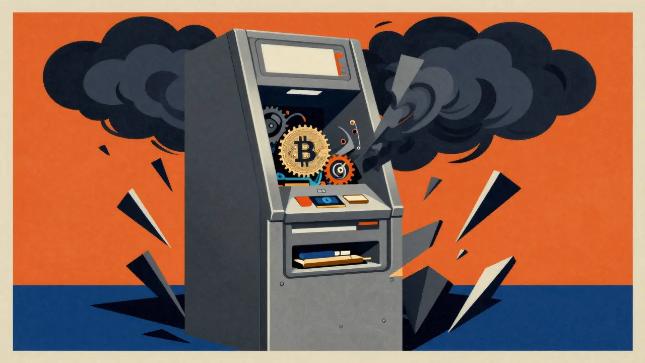 Fragmented crypto ATM revealing internal security flaws and chaos