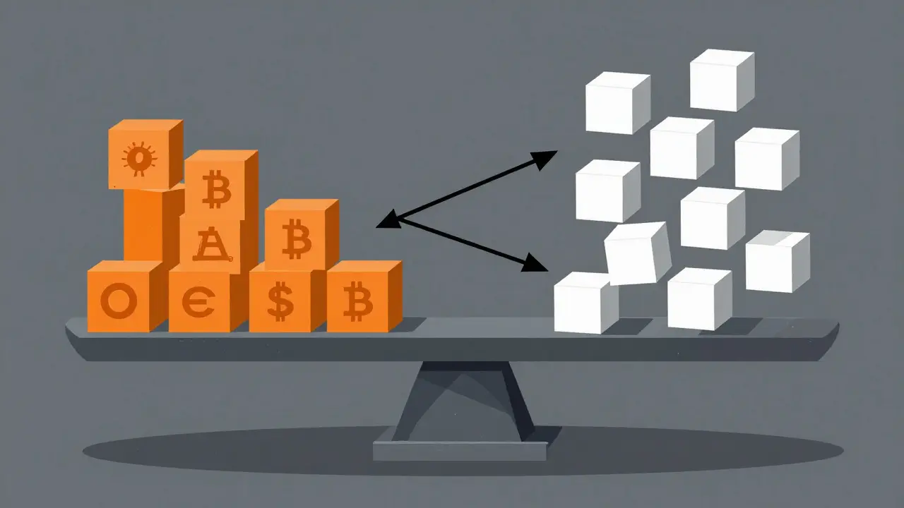 Geometric abstract art showing a balanced scale representing crypto collateral and stablecoins