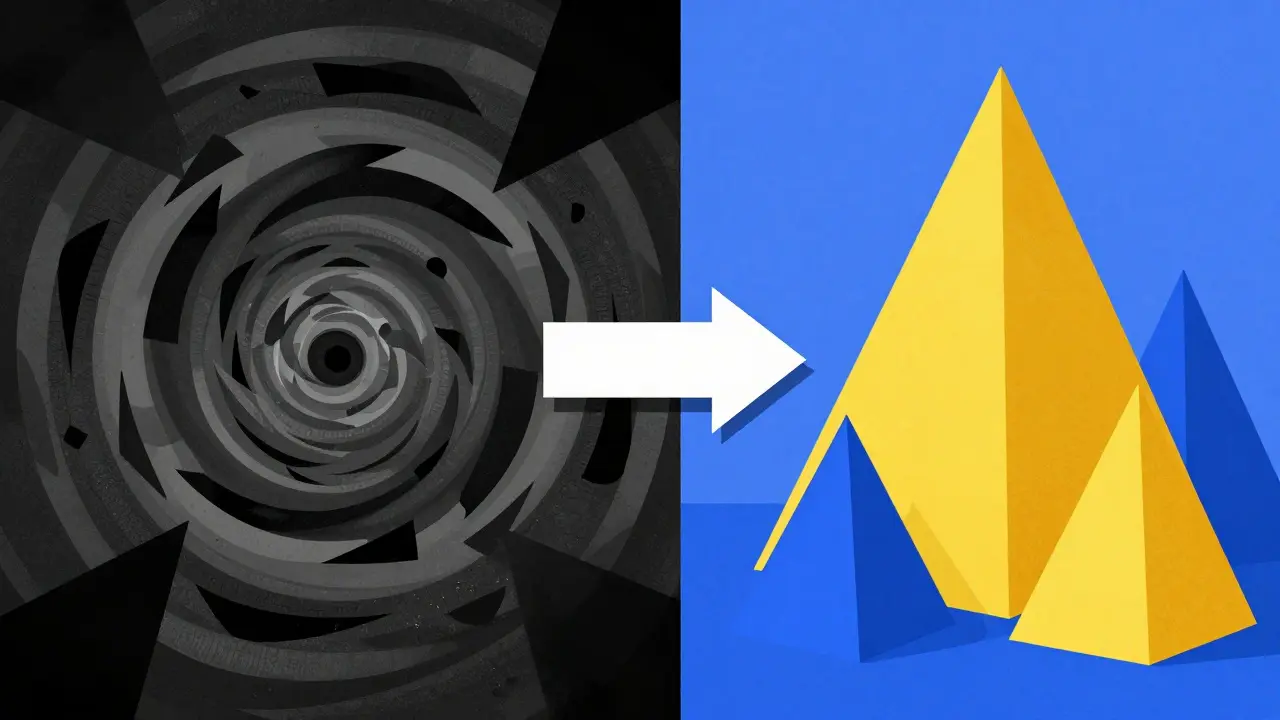 Geometric illustration comparing chaotic unregulated markets to stable, verified exchanges.