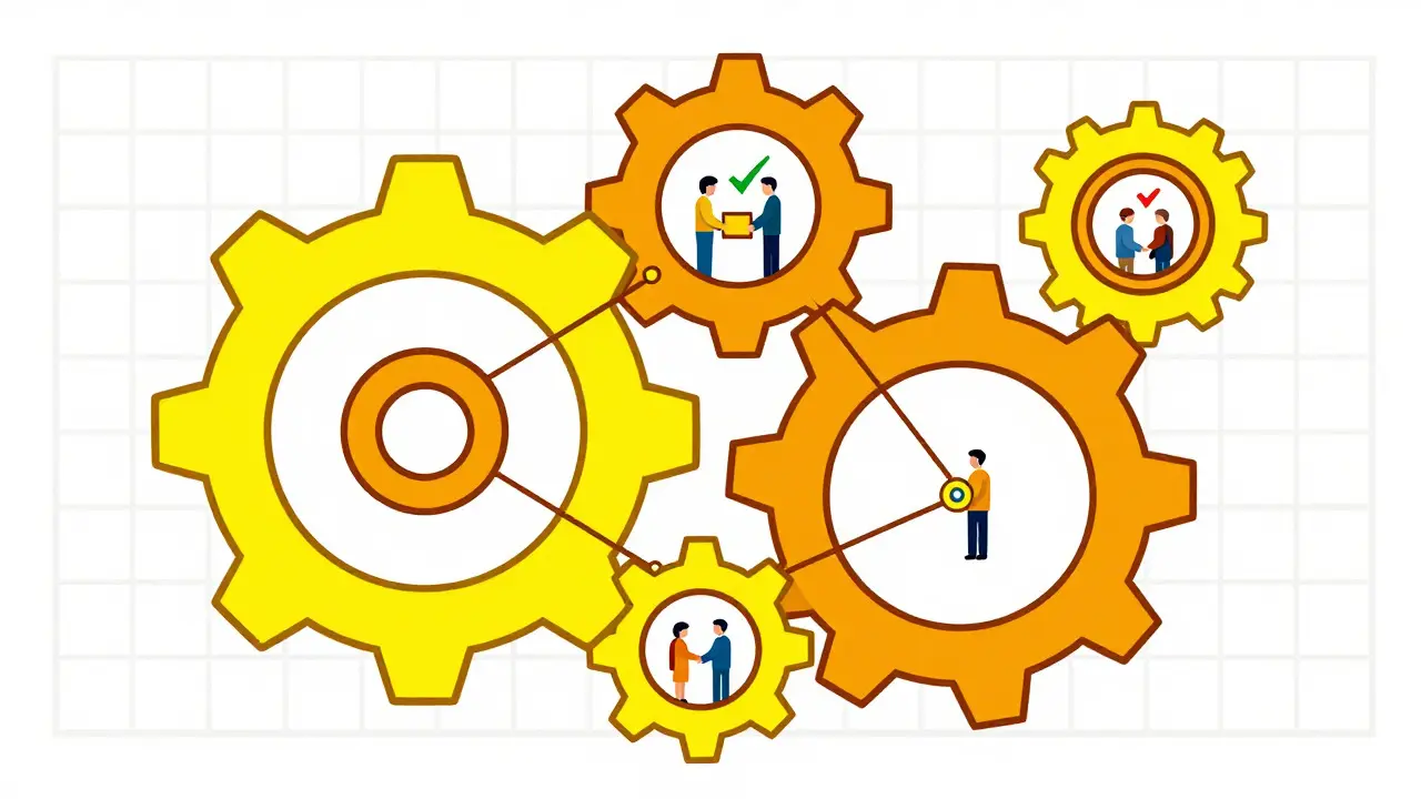 Geometric illustration of automated smart contracts in charity using gears and shapes.