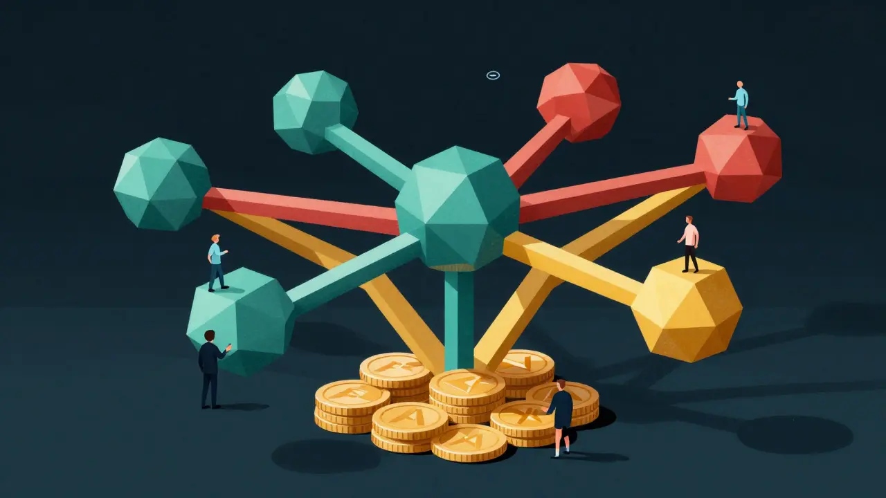 Geometric illustration of interconnected blockchain nodes forming a bridge for cross-chain interoperability.
