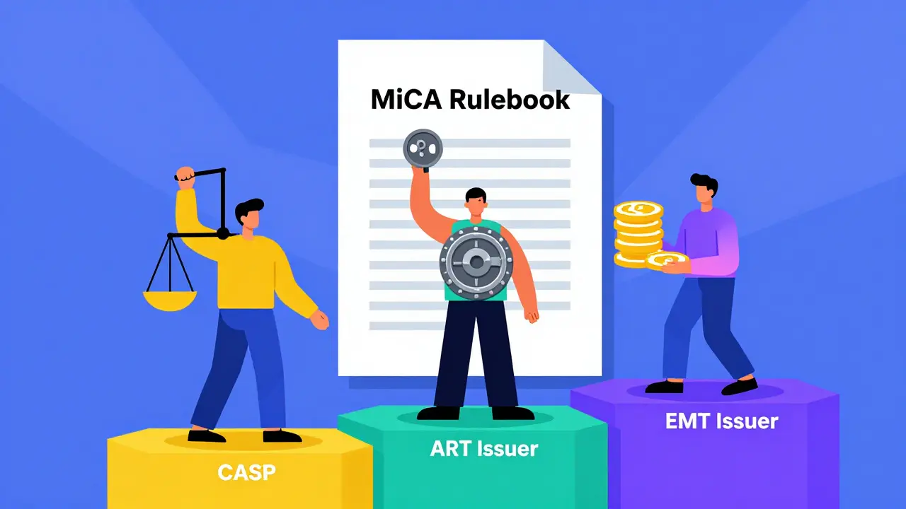 Geometric illustration of three crypto entity types under a large rulebook icon.