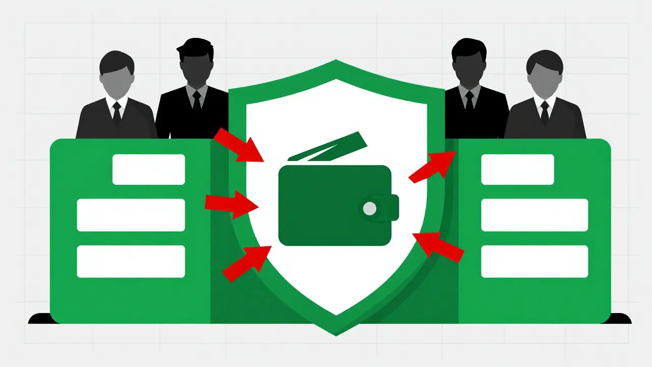 Geometric shield blocking red arrows from a wallet, symbolizing regulation