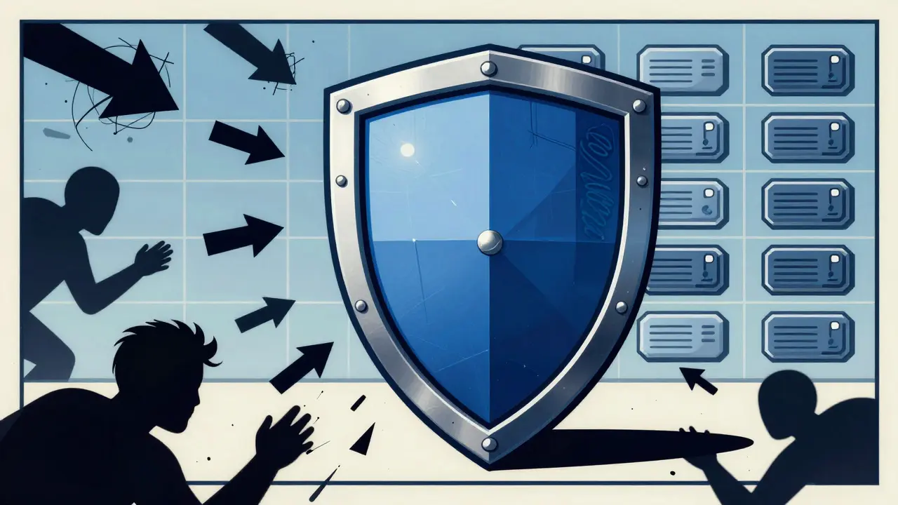 Geometric shield protecting against scam arrows in constructivist style