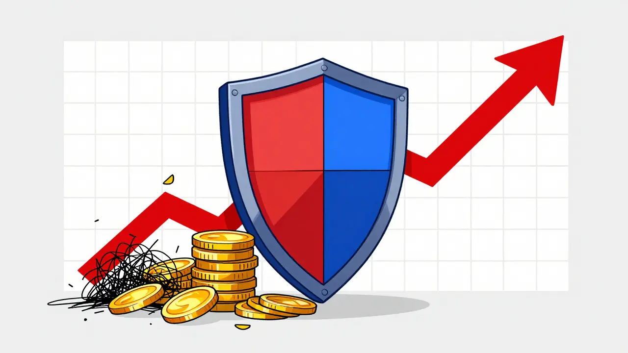 Geometric shield protecting coins from chaos with a rising trend arrow
