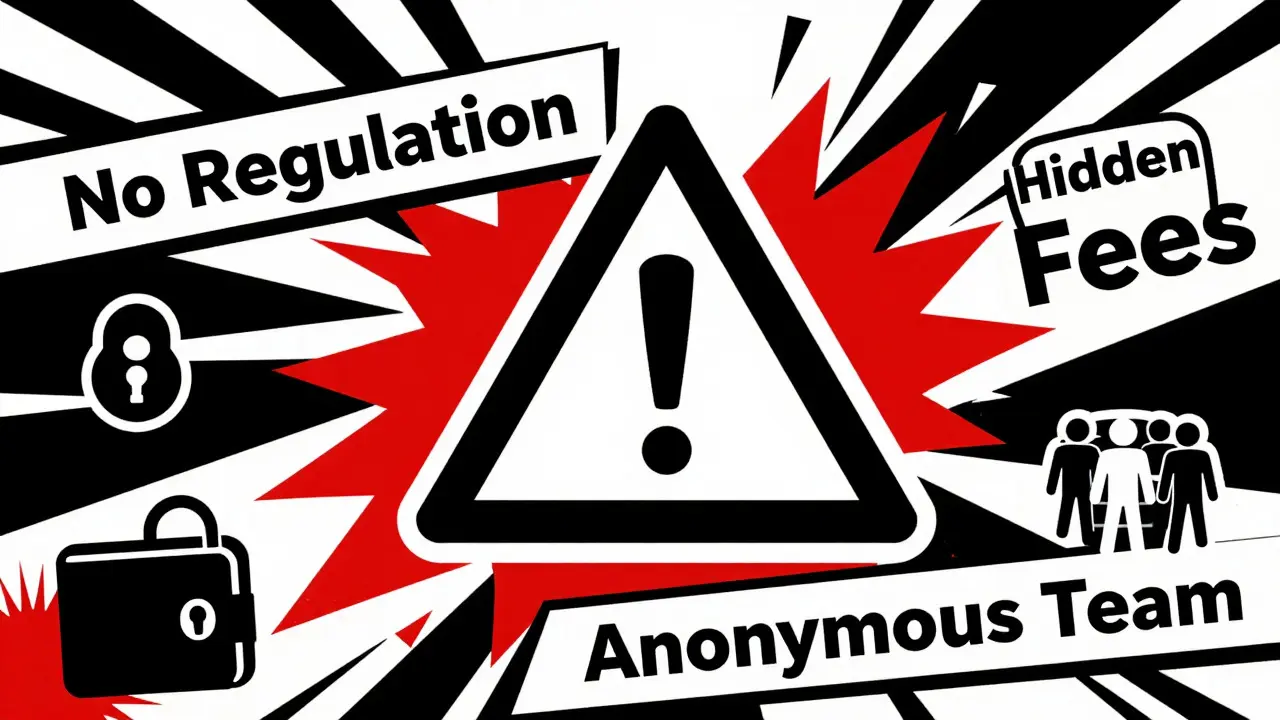 Graphic warning poster highlighting red flags like no regulation and hidden fees