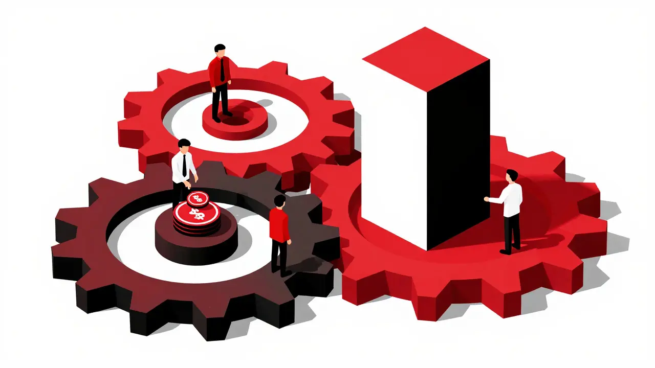 Industrial gears processing tokens representing staking and liquidity