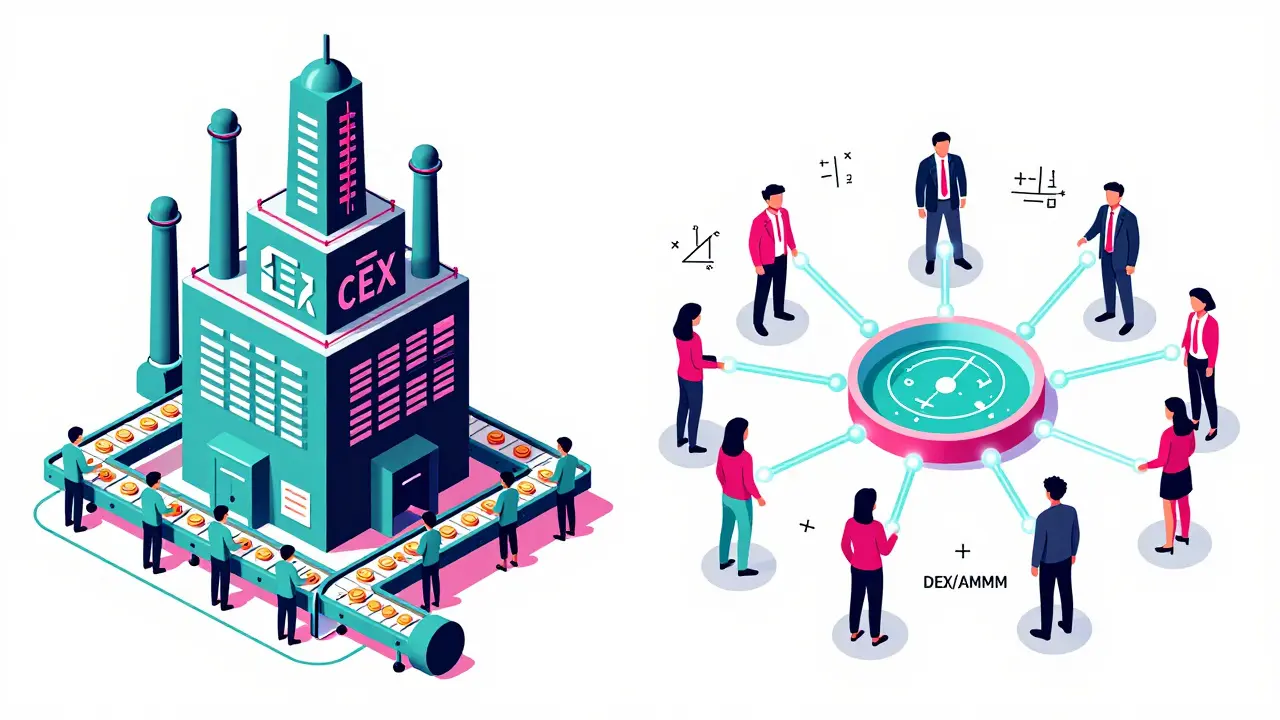 Split view of centralized factory vs decentralized pool networks