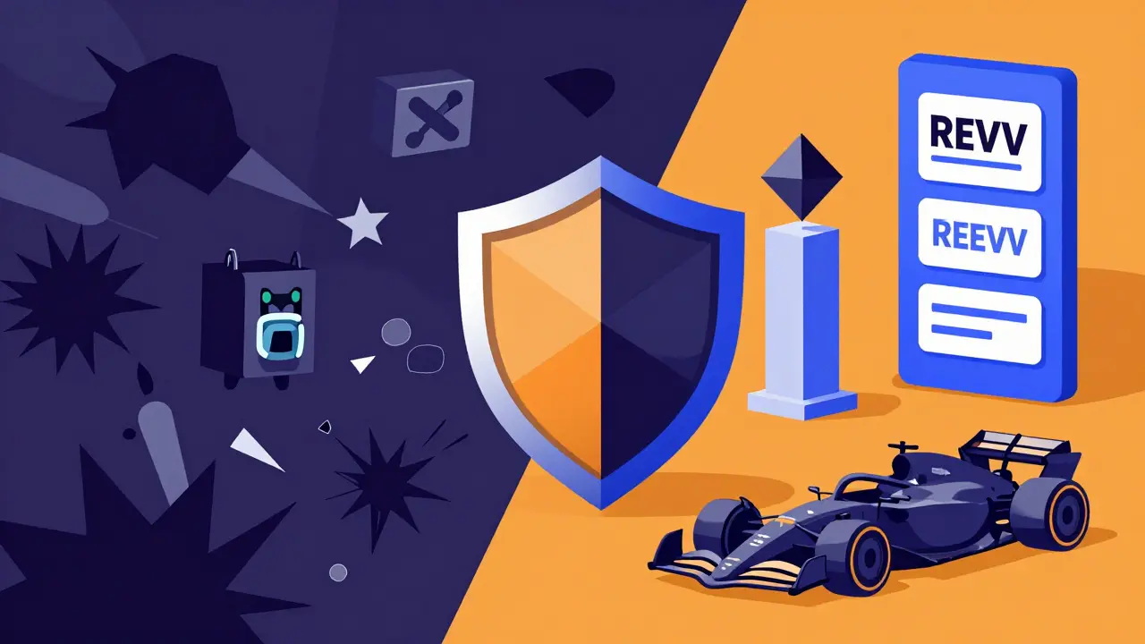 Stylized art showing secure REVV gaming and staking vs chaotic scams