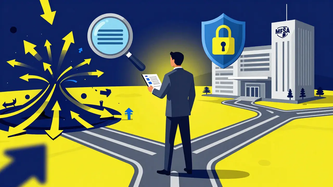 Stylized businessman navigating regulatory paths with audit and security symbols.