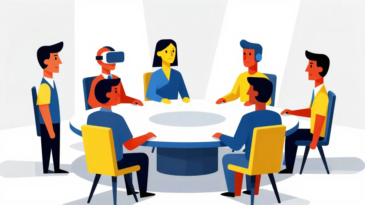 Stylized cartoon illustration of abstract geometric avatars in a virtual meeting room.