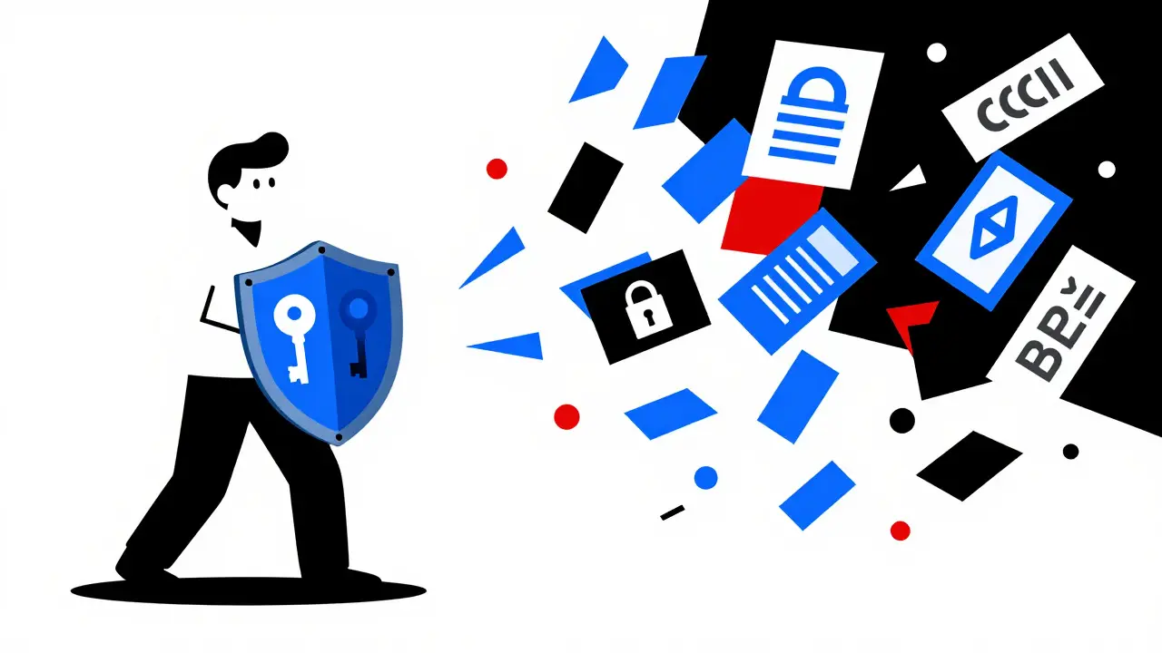 Stylized cartoon of a merchant holding a security shield, rejecting traditional banking risks.