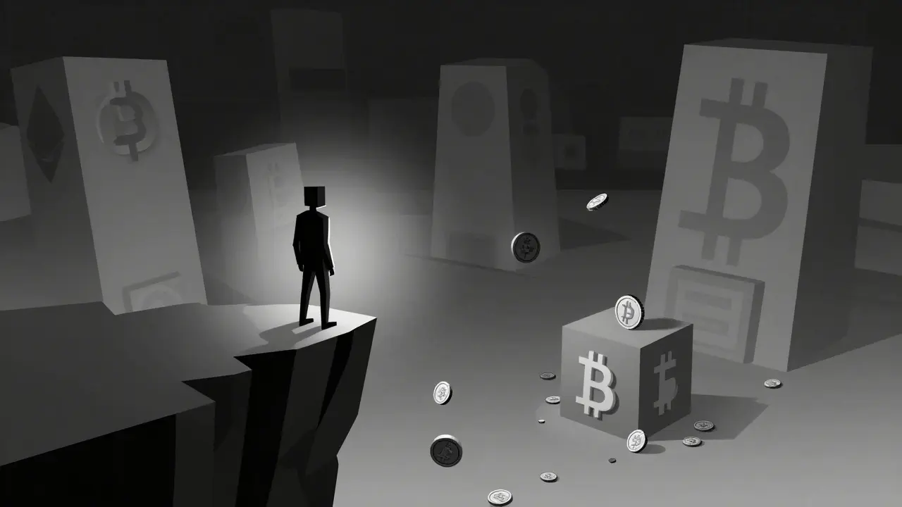 Stylized constructivist art depicting a figure on a cliff edge symbolizing high investment risk