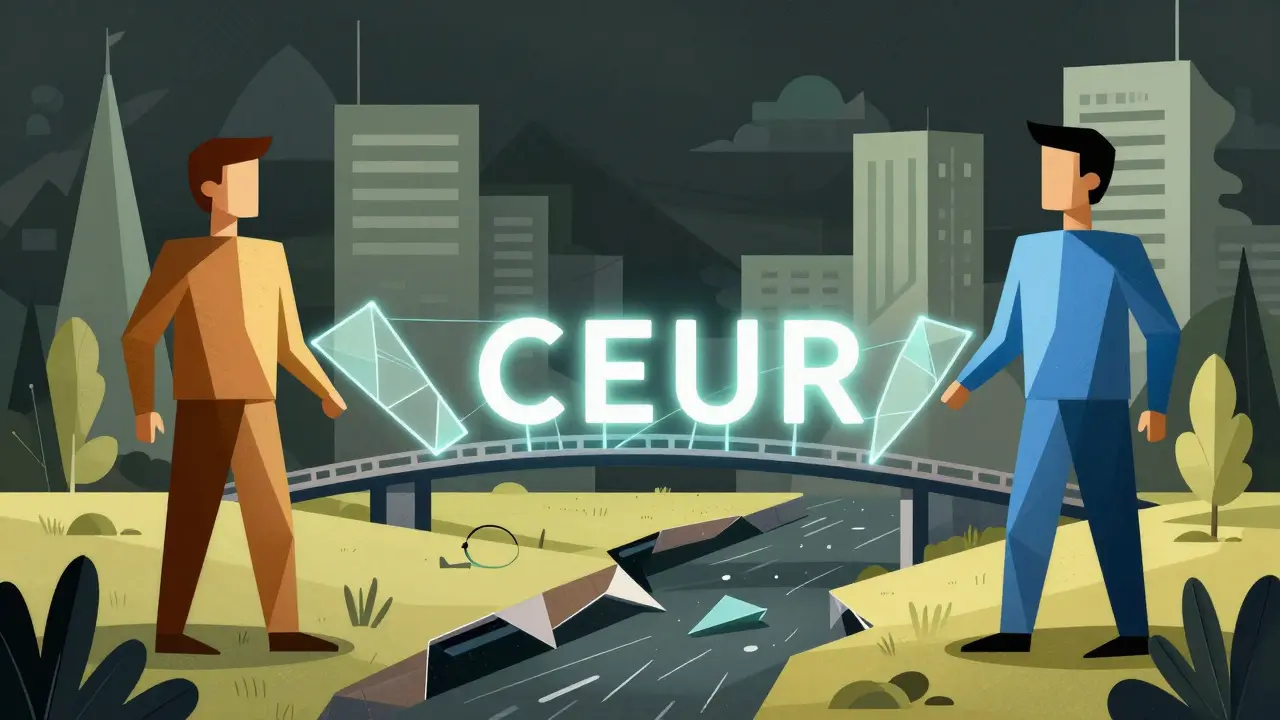 Stylized constructivist image of two figures connected by a digital bridge for money transfers