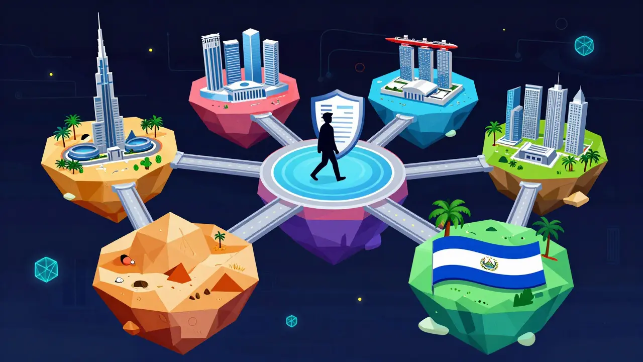 Stylized constructivist map of crypto-friendly countries connected by secure digital bridges.
