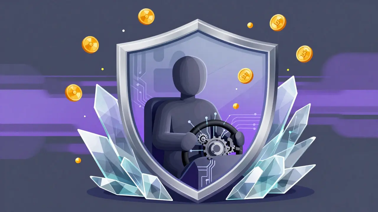 Stylized driver protected by geometric shields while earning floating crypto tokens for data.