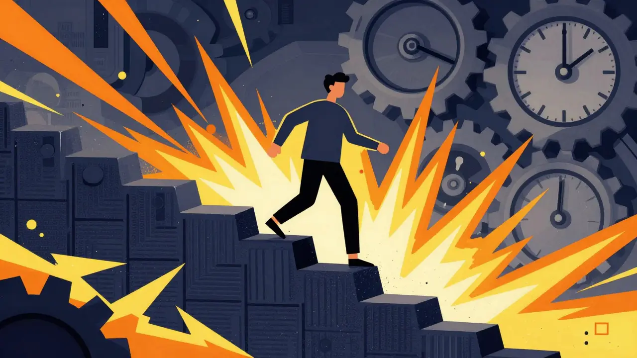 Stylized figure balancing on jagged blocks amid explosive energy bursts