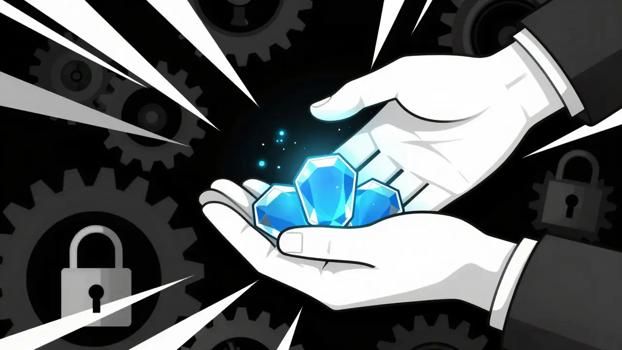 Stylized hand claiming glowing tokens with security lock motifs