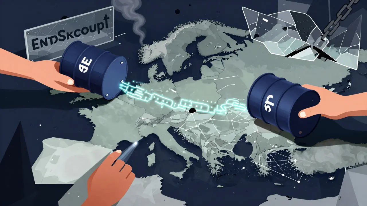 Stylized illustration of oil trade bypassing sanctions via crypto trails