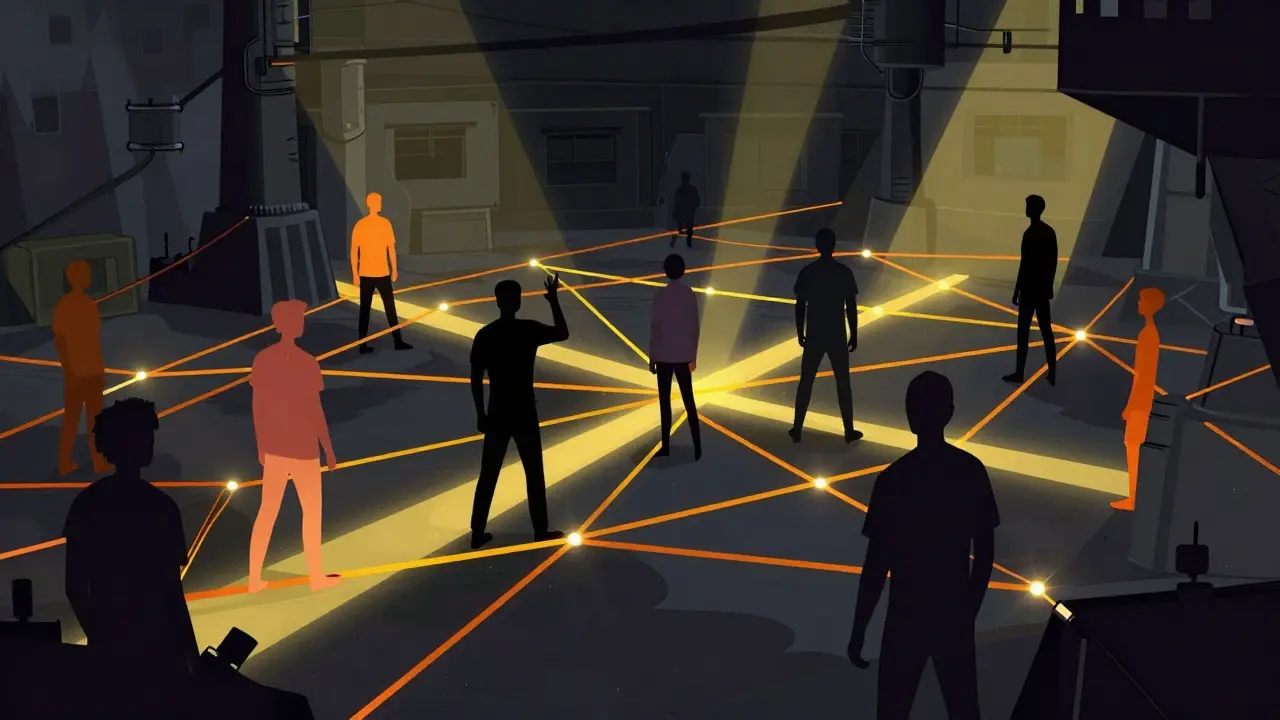 Stylized illustration of people connected by glowing wires in shadows, showing underground crypto use.